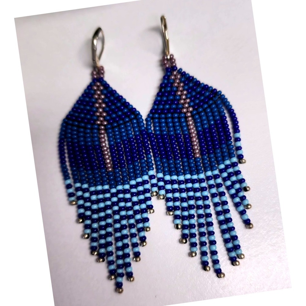 Ombre Blue Seed Bead Fringe Earrings Boho Shimmer Dangle.